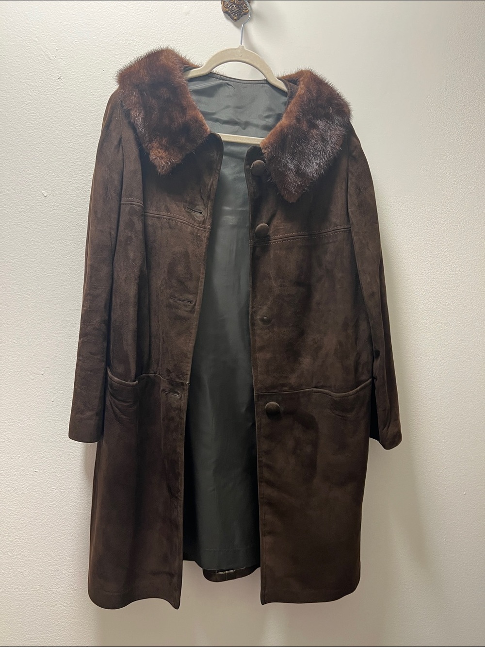 Vintage Brown Suede Pea Coat with Fur Collar - Men Jackets & Coats